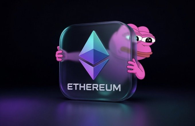 A 3D render of a pink cartoon character peeking from behind a translucent dark cube displaying the Ethereum logo and the word "ETHEREUM" against a dark background.