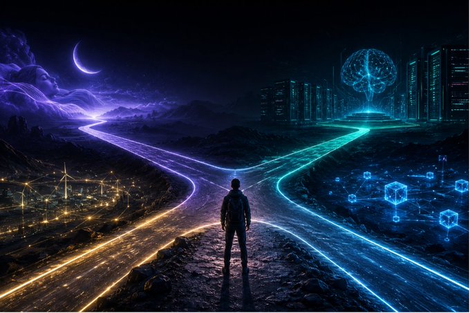 The image features a man standing at an intersection, facing two different paths that lead to various destinations. The man appears to be contemplating which path to take as he looks back over his shoulder towards one of the roads. The background includes a cityscape with buildings and a moon, creating a sense of depth in the scene.

The post is about cryptocurrency and how it has evolved over time. It highlights different aspects of the crypto world, such as its use to create echo chambers where people only hear similar opinions or narratives, and how one project focuses on decentralized compute for AI while another emphasizes connecting physical infrastructure with blockchain technology. The image serves as a visual representation of these concepts and their impact on the cryptocurrency landscape.