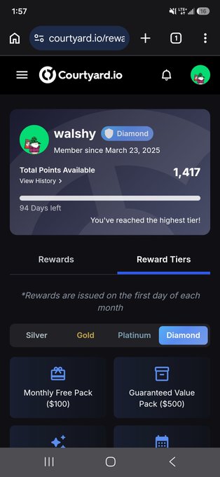 A mobile screenshot of the Courtyard.io rewards page showing a user profile for 'walshy' (Diamond tier) with 1,417 Total Points Available, 94 days left, and reward tier tabs for Silver, Gold, Platinum, and Diamond.