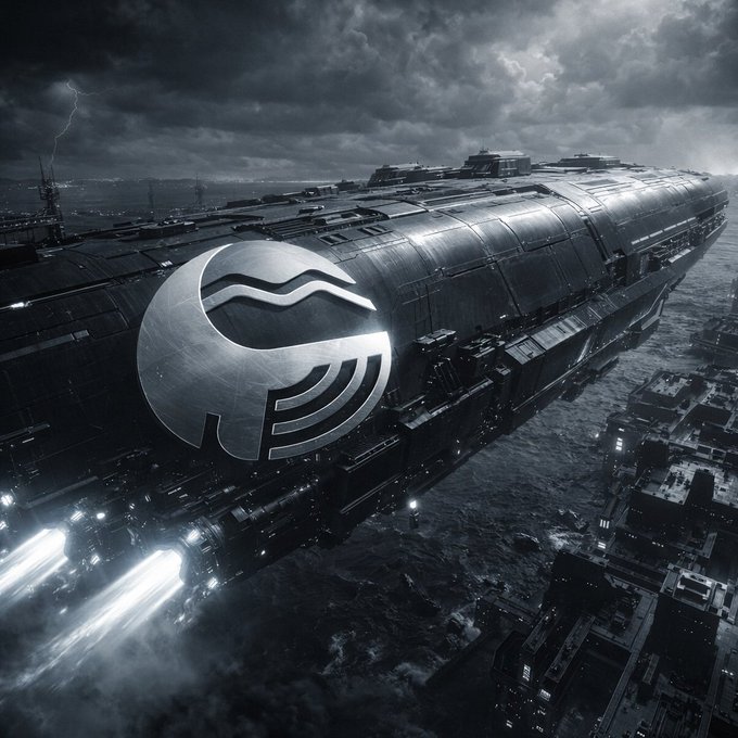 A dramatic black and white sci-fi illustration of a massive futuristic spacecraft or space station hovering over water with city lights visible below, featuring a prominent circular logo with wave and bar designs.