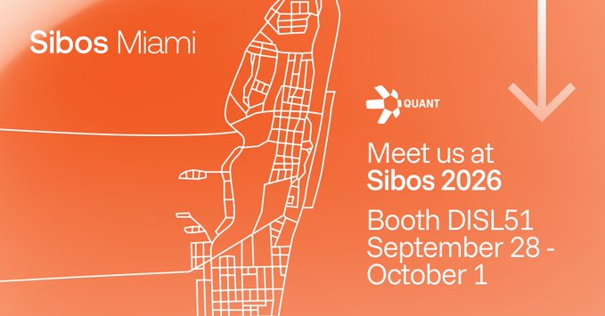 A promotional graphic with an orange background featuring a stylized white map outline of Miami, announcing Quant's presence at Sibos 2026 at Booth DISL51 from September 28 - October 1. The image visually reinforces the post's invitation to meet Quant at their booth to discuss programmable money solutions for regulated institutions.