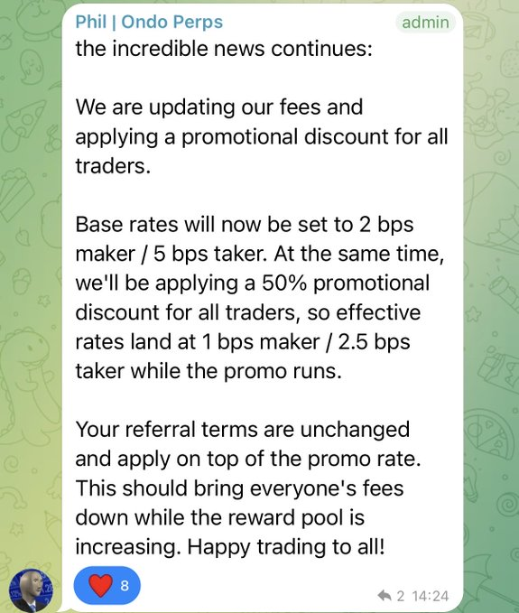 A Telegram announcement from 'Phil | Ondo Perps' (admin) detailing fee updates: base rates set to 2 bps maker / 5 bps taker with a 50% promotional discount, effective rates landing at 1 bps maker / 2.5 bps taker.