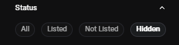 The image shows a "Status" filter menu with options for "All," "Listed," "Not Listed," and "Hidden" — with "Hidden" currently selected, corresponding to the post's mention that the OpenSea collection is hidden while the issue is being resolved.