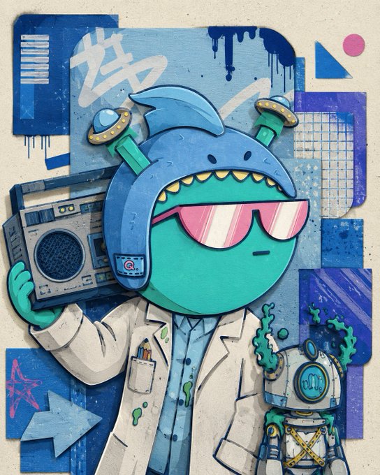 A street-art style illustration of a teal character wearing a blue shark helmet and pink sunglasses, holding a boombox, with a small astronaut companion and urban graffiti elements.