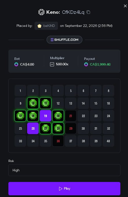 A Shuffle.com Keno betting interface shows a CA$4.00 bet with a 500.00x multiplier and CA$1,999.46 potential payout, with selected numbers highlighted in green and purple.