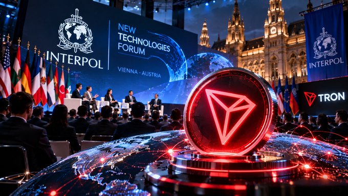 An event scene showing an 'INTERPOL NEW TECHNOLOGIES FORUM' in Vienna, Austria, with a panel discussion, flags, and a prominent red Tron (TRX) logo in the foreground.