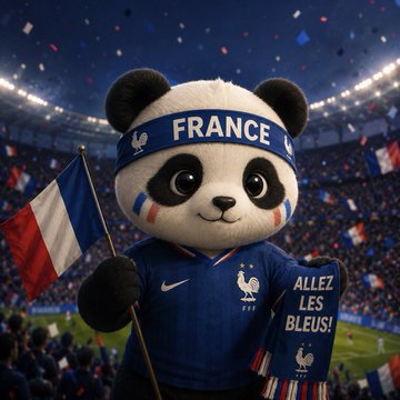 A cartoon panda mascot wearing a "FRANCE" headband, blue France national team jersey, and face paint waves a French flag while holding a sign reading "ALLEZ LES BLEUS!" in a packed stadium filled with confetti. The image supports the post's prediction for France to win in regular time, visually backing the bet on today's match via @FundingPredicts and Polymarket.