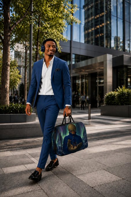 A smiling man in a blue suit wearing headphones walks through a city plaza, carrying a duffel bag printed with an artistic image of a meditating bald figure.