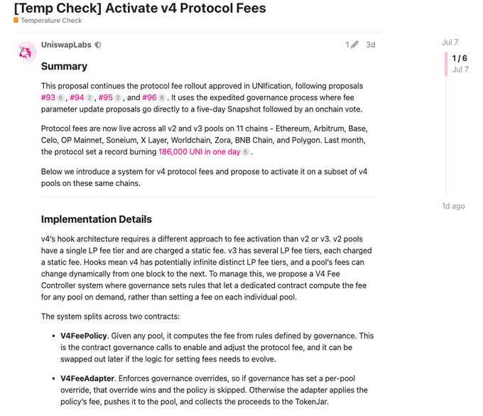 A screenshot of a governance forum post titled '[Temp Check] Activate v4 Protocol Fees' by UniswapLabs, discussing the implementation of protocol fees across v2, v3, and v4 pools on 11 chains including Ethereum and Arbitrum, mentioning record earnings of 186,000 UNI.