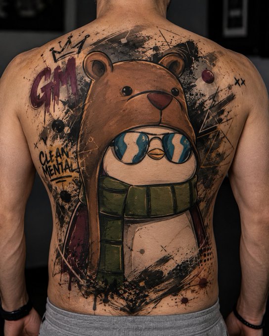 A detailed full-back tattoo featuring a cartoon-style bear character in a green jacket with large blue eyes, accompanied by graffiti-style text reading 'GMA' and 'CLEAN MENTAL' along with crown designs.