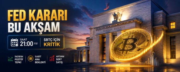 A promotional graphic featuring the U.S. Federal Reserve building alongside a golden Bitcoin coin and an upward chart trajectory, with Turkish text announcing "FED KARARI BU AKŞAM" (Fed Decision This Evening) and highlighting that the rate decision at 21:00 TSI will be critical for $BTC. The bottom bullet points outline three scenarios—interest rate cut, unchanged, and rate hike—matching the post's preview of possible Fed outcomes and their potential market impact.