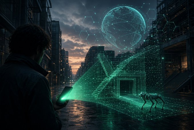 A digital artwork shows a person holding a glowing green device that projects a holographic structure resembling a house and a sphere, with a robotic dog in an urban setting at dusk.
