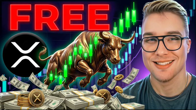 A YouTube-style thumbnail with the word 'FREE' in red, featuring the XRP logo, a golden bull, green candlestick charts, money, and a smiling man with glasses.