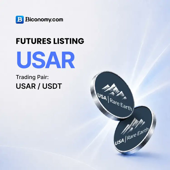 A promotional graphic for Biconomy.com announcing a 'FUTURES LISTING' for the USAR/USDT trading pair, featuring two 3D coins labeled 'USA | Rare Earth'.