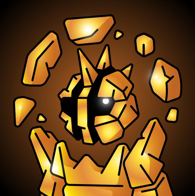 A digital illustration of a glowing golden-orange rocky creature or golem with a single bright eye, appearing to break apart or form from floating crystalline fragments against a dark brown background.
