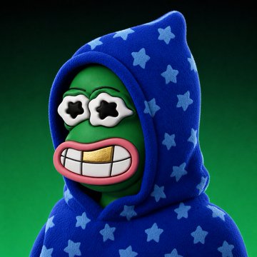 A 3D-rendered cartoon character with a green face, star-shaped sunglasses, and a large grinning mouth wears a blue hooded robe covered in light blue stars, set against a dark green gradient background.
