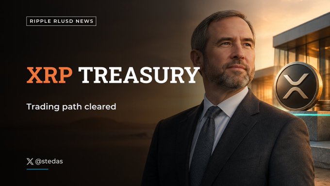A news banner titled 'RIPPLE RLUSD NEWS' featuring 'XRP TREASURY' and 'Trading path cleared' with an image of a bearded man in a suit.
