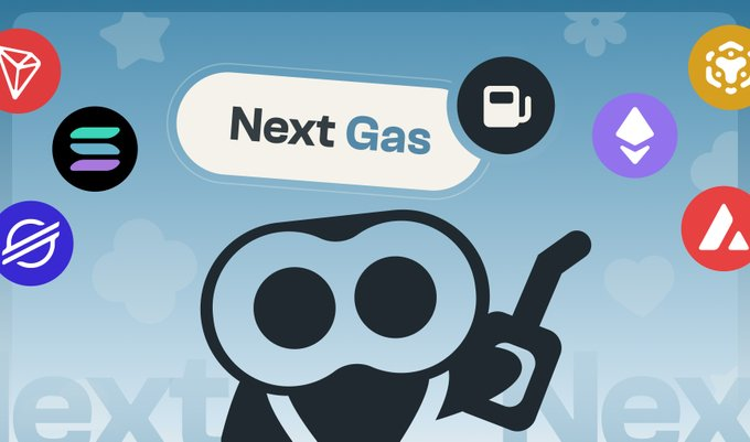 A graphic for 'Next Gas' featuring a cartoon character surrounded by cryptocurrency logos including TRON, Solana, Ethereum, Avalanche, and others.