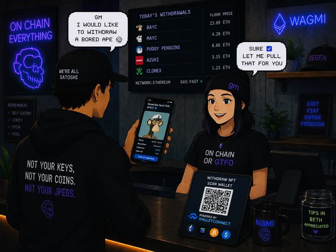Crypto-themed illustration depicting a customer at a 'WAGMI' withdrawal counter asking to withdraw a Bored Ape NFT, with the attendant responding 'SURE, LET ME PULL THAT FOR YOU' amid crypto culture references.