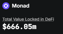 The image displays a Monrad (Monad) infographic showing "Total Value Locked in DeFi" at $666.85m, visually supporting the post's claim about Monad's TVL growth and stablecoin dominance, with the network's expanding DeFi ecosystem anchored by the upcoming $MON token.