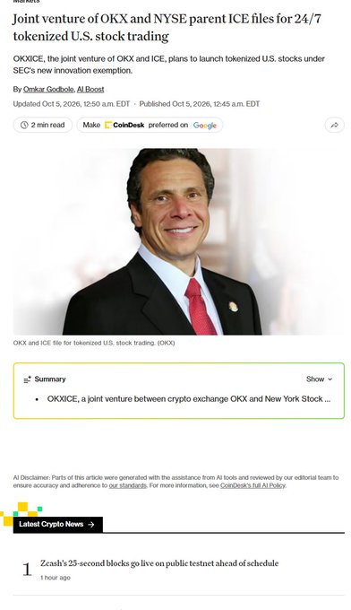 A CoinDesk news article headline reading 'Joint venture of OKX and NYSE parent ICE files for 24/7 tokenized U.S. stock trading' by Omkar Godbole, featuring a photo of a man in a suit.