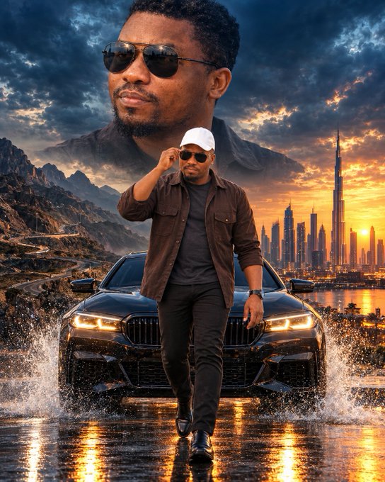 A stylized promotional image features a man in sunglasses, a cap, and dark clothing standing in front of a black BMW with its headlights on, set against a dramatic backdrop of a mountain road and the Dubai skyline at sunset, with a larger portrait of his face superimposed in the clouds above.