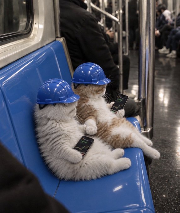 Two cats wearing small blue construction hard hats sit side-by-side on a blue subway seat, each holding a smartphone that displays a green stock market chart.