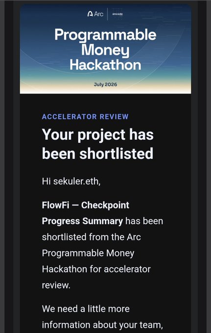 A screenshot of a notification email stating 'Programmable Money Hackathon – July 2026', with a 'Shortlisted' message addressed to 'sekuler.eth' for their 'FlowFi – Checkpoint Progress Summary'.