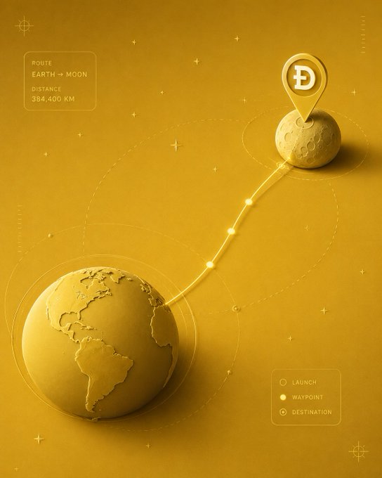 A golden-toned 3D illustration showing a route from Earth to the Moon, labeled 'ROUTE EARTH → MOON' with 'DISTANCE 384,400 KM,' featuring a dashed path with waypoints and a destination pin marked 'D.'