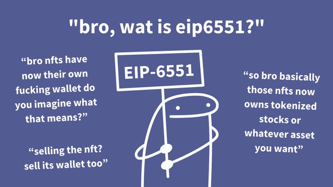 A meme-style infographic explaining ERC-6551, featuring a cartoon figure holding an "EIP-6551" sign, with casual text describing how NFTs can now have their own wallets, allowing them to own tokenized stocks or other assets directly.