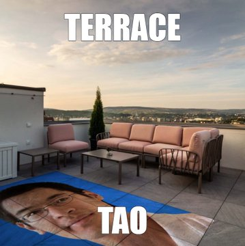 An outdoor terrace features pink seating with a view of a city; overlaid text reads 'TERRACE' at the top and 'TAO' at the bottom.