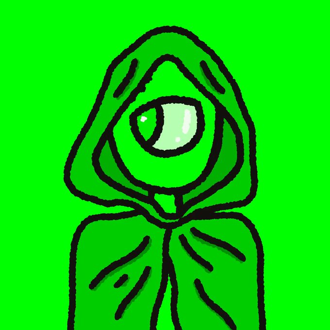 A simple digital drawing of a hooded figure with a single large eye, rendered in black lines against a bright green background.