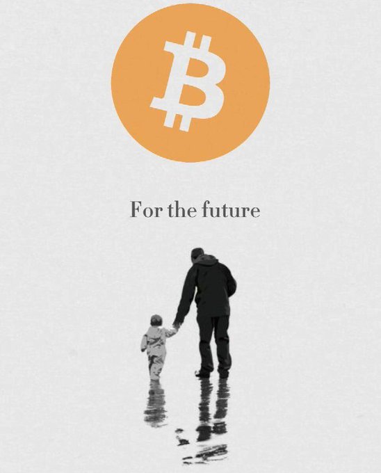 An illustration of a father and child walking hand-in-hand beneath a large Bitcoin (₿) logo and the text 'For the future'.