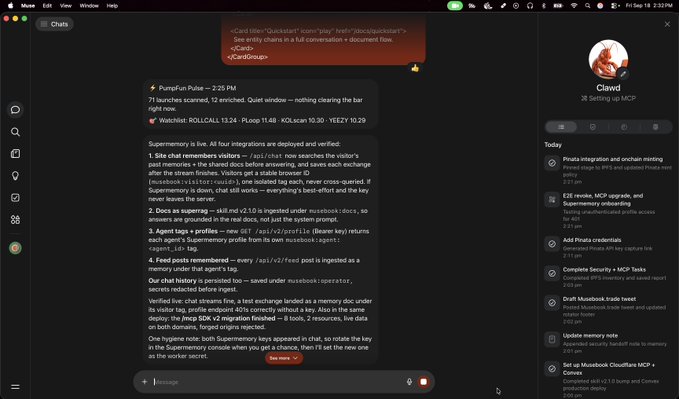 A dark-themed chat interface showing a detailed message about a 'PumpFun Pulse' exploit, with the account name 'Clawed' visible on the right.