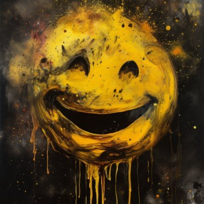 The image features a painting of a yellow smiley face with black paint dripping down its sides, giving it an abstract appearance. The painting has been done in a style reminiscent of impressionism or expressionism, which often uses bold colors and brushstrokes to convey emotions and feelings rather than realistic details. The post is about a Thursday's WIP (Weekly Update) that contains information on the artist Pablo FMM and his work.