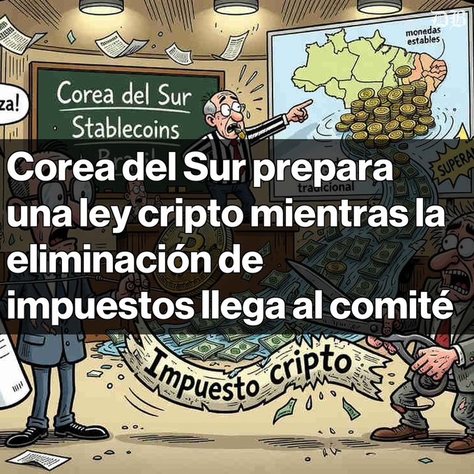 A Spanish-language news graphic with a cartoon illustration depicting South Korea's crypto regulation, with text reading 'Corea del Sur prepara una ley cripto mientras la eliminación de impuestos llega al comité' and 'Impuesto cripto'.