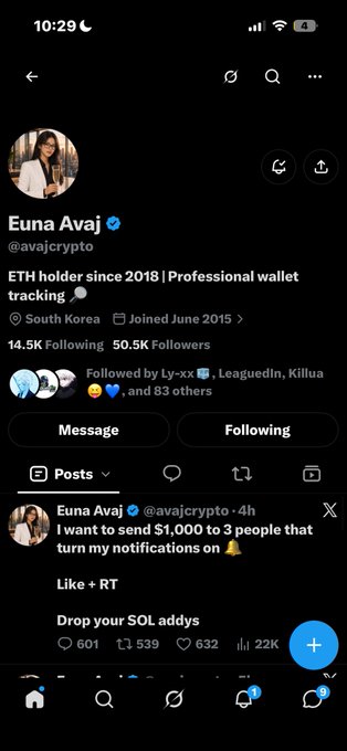 A Twitter/X profile screenshot for 'Euna Avaj' (@avajcrypto), an ETH holder since 2018 with 50.5K followers based in South Korea, showing a tweet offering to send $1,000 to 3 people who turn on notifications.