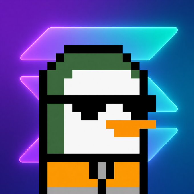 A pixel art duck character stands against a neon purple and blue background featuring the Solana logo's gradient streaks, representing the Solana cryptocurrency community with a playful, meme-style aesthetic.