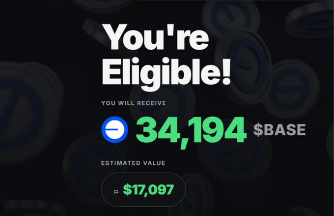 The image shows an airdrop eligibility result from the BASE Airdrop Calculator, displaying "You're Eligible!" with an allocation of 34,194 $BASE tokens (~$17,097 estimated value), set against a dark background featuring floating BASE logo icons. This visually matches the post's excitement about unexpectedly being eligible for a significant Base token airdrop based on wallet activity metrics like transaction count and distinct months.