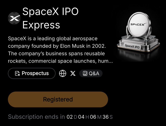 A black screen with white text showing a screenshot of an item called SpaceX IPO Express, which is described as a company that produces shares of its global aerospace business. The post also mentions that tokenized shares can be bought directly through Bybit using USDC before public spot trading even starts.