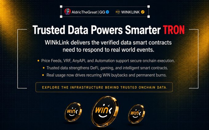 The image is a promotional banner featuring the headline "Trusted Data Powers Smarter TRON," highlighting WINkLink's role in delivering verified price feeds, VRF, AnyAPI, and automation to enable reliable onchain execution, with usage driving WIN buybacks and burns. Three gold "WIN" coins are displayed at the bottom alongside the call-to-action "Explore the infrastructure behind trusted onchain data." This visually reinforces the accompanying post's point that smart contracts on TRON remain "blind" to real-world inputs until trusted oracle data from WINkLink arrives.