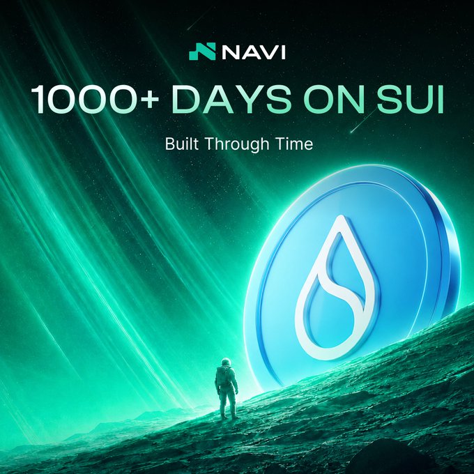 The image features a man standing on top of a mountain with a blue coin that says "navi" written on it. The caption below the image reads, "100+ days on Sui built through time". This suggests that the coin has been minted and is now being used by users for trading or other purposes. The post seems to be promoting the use of this particular coin over a long period of time, possibly as an investment opportunity or a means of supporting a specific project or organization.