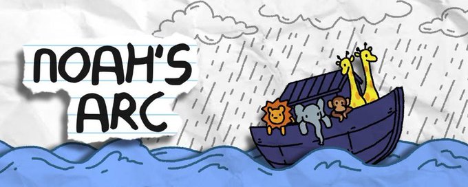 A cartoon-style illustration on a crumpled paper background shows Noah's Ark sailing on wavy blue waters in the rain, with the title 'NOAH'S ARC' displayed on a torn paper note beside animals including a lion, elephant, monkey, and giraffes peeking from the boat.