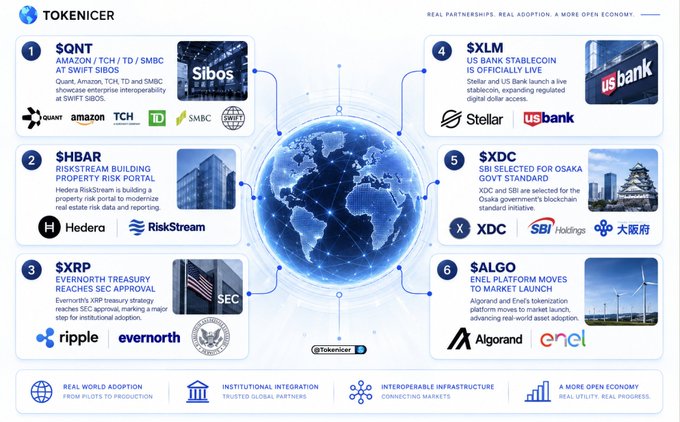 An infographic from Tokenicer displays six cryptocurrencies and their institutional partnerships, including $QNT/Swift Sibos, $HBAR/RiskStream, $XRP/Evernorth, $XLM/US Bank, $XDC/Osaka Government, and $ALGO/Enel.