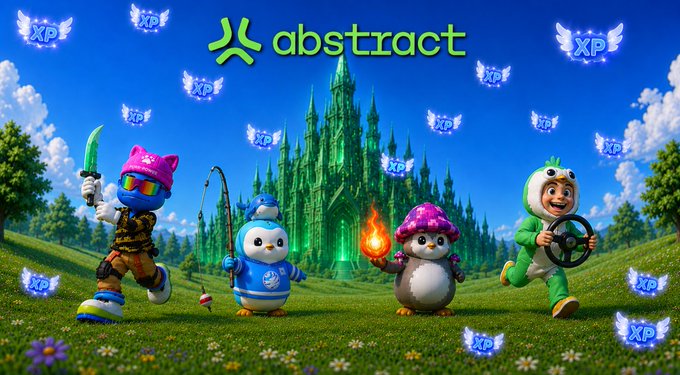 Promotional image for 'abstract' featuring cartoon characters in costumes standing in a grassy field with a green castle and XP icons floating around.