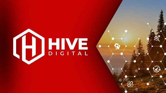 The image displays the HIVE Digital logo on a bold red background alongside a scenic sunset landscape overlaid with a hexagonal network pattern, visually representing the company's expansion in digital currency mining and high-performance computing sectors. The accompanying post highlights HIVE Digital Technologies' (ticker: $HIVE) strong Q1 2027 financial performance, including a 73.5% YoY revenue increase to $79.1 million, which aligns with the brand's technological and growth-oriented imagery.