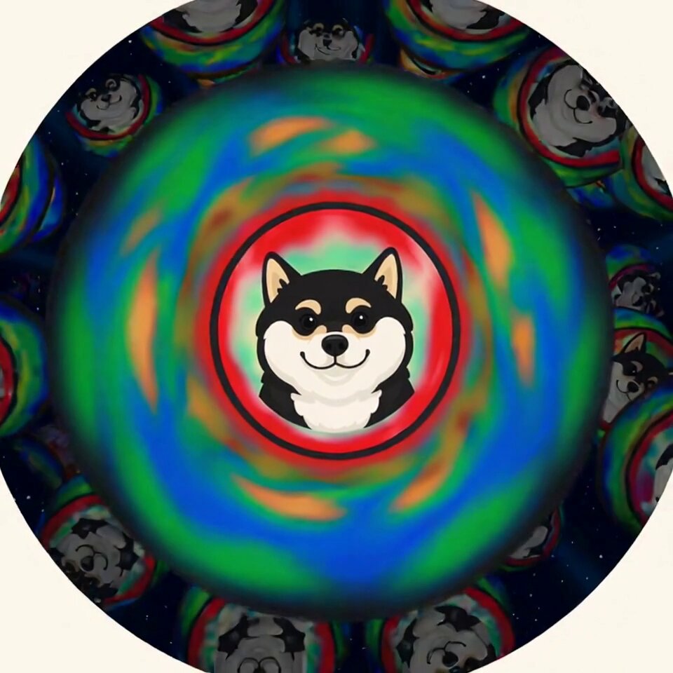 The image features a black and white dog with a red circle around its head, giving it a unique and eye-catching appearance. The background of the image is filled with various colorful shapes and designs, creating an abstract and visually striking scene. The text in the image reads "Market's full psychedelic kaleidoscope mode today - wild spins, trippy dumps, pure chaos in every direction but look at $MANU Zero cracks. This is what diamond hands".
