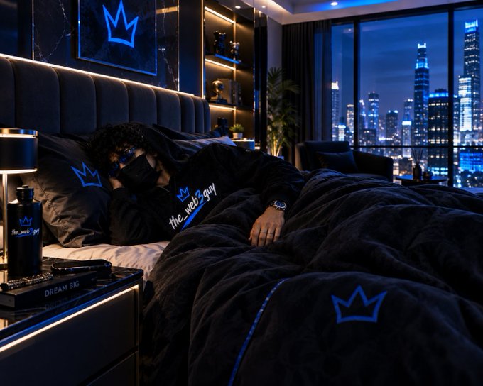 A lifestyle product photo showing a person sleeping in a dark luxury bedroom with city skyline views, wearing black 'The Webb Guy' branded sleepwear with blue crown logos matching the bedding.