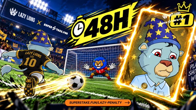 A promotional banner advertises a 48-hour penalty shootout event on SUPERSTAKE.FUN featuring the Lazy Lions mascot kicking a soccer ball past a goalkeeper.