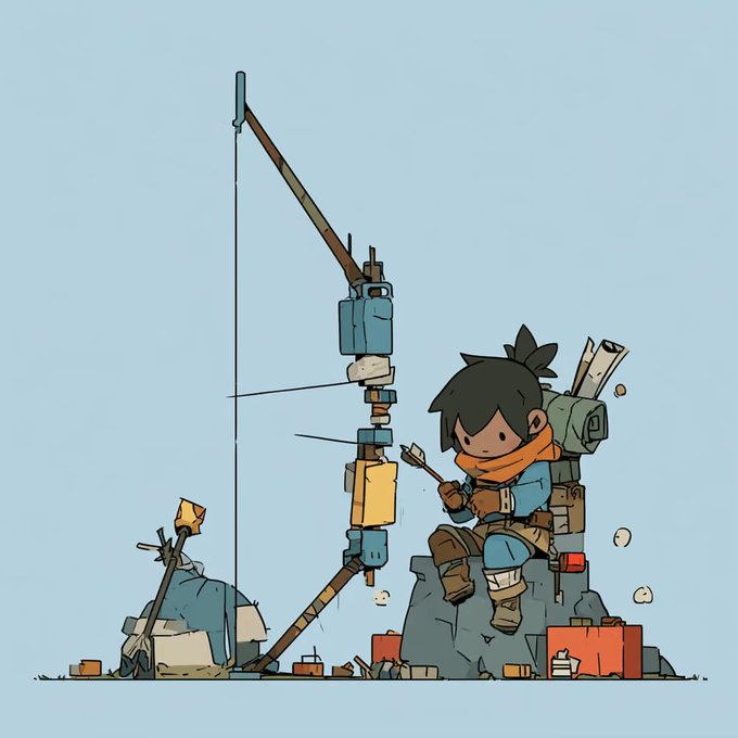 An illustrated character sits on a rock near a makeshift fishing pole, holding a fork, in a stylized cartoon scene.